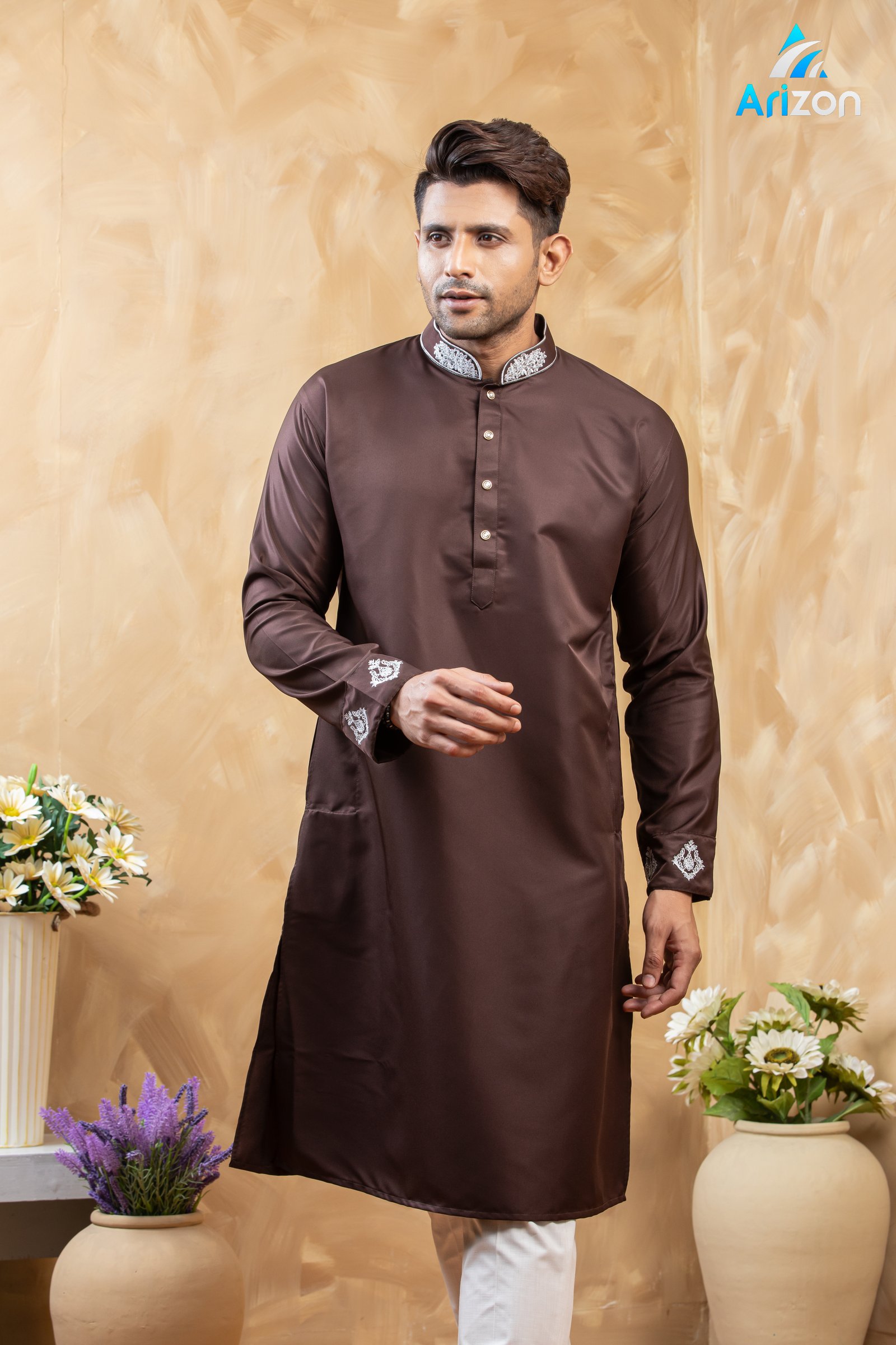 coffee Embroidery Panjabi/ Code 303