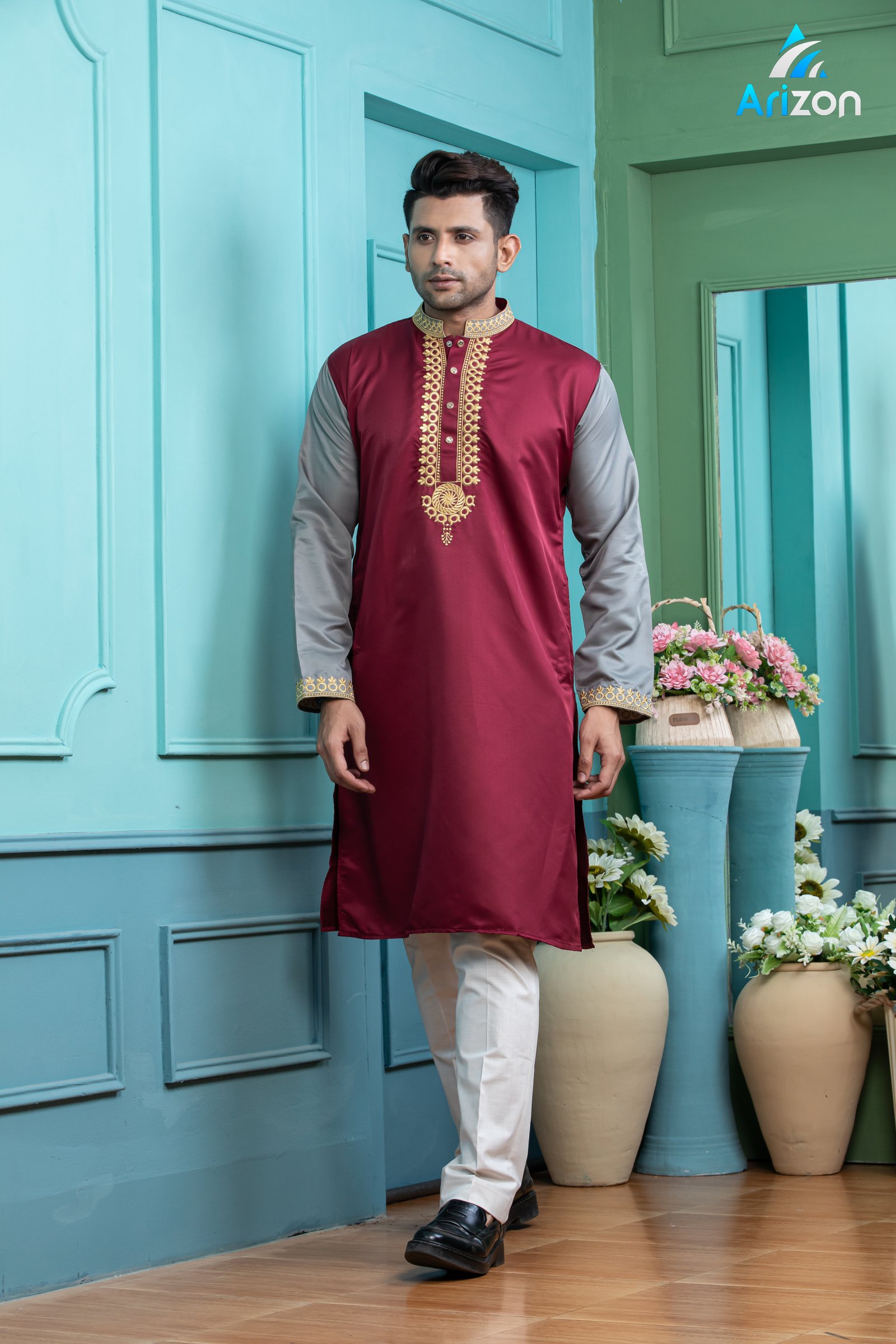 Deep Maroon Embroidery Panjabi/ Code 264